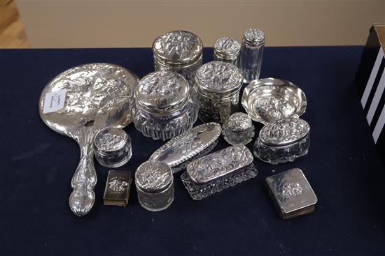 A collection of assorted mainly 20th century Reynolds Angels silver dressing table items including toilet jars, brushes etc.